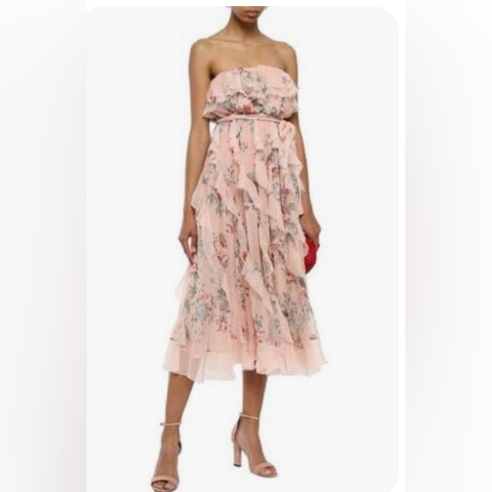 Zimmermann Bowie Waterfall Dress Peach Floral Strapless Size 1/ S NWOT